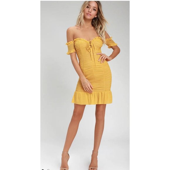 Lulus Dress Kris Mustard Yellow Ruched Off-The-Shoulder Bodycon Dress Nwt Mini S - Picture 2 of 10